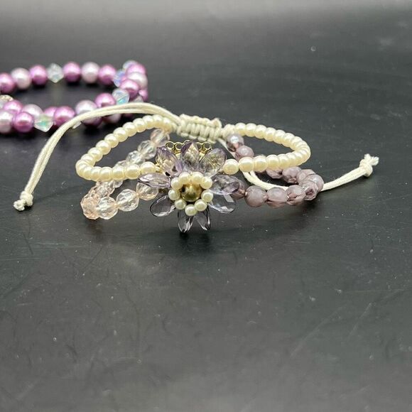 Beaded Bracelet Lot of 3 Purple Cream  And Gold Tone Classic Beads Beach Boho - Picture 2 of 6